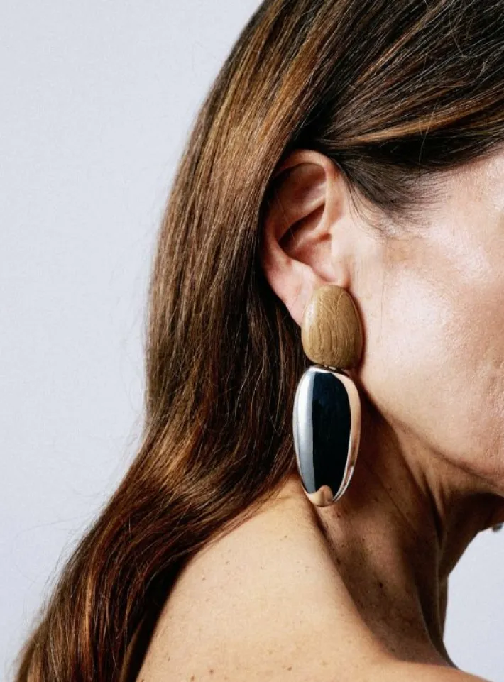 Monies Anniversary earclips: oak, sterling silver