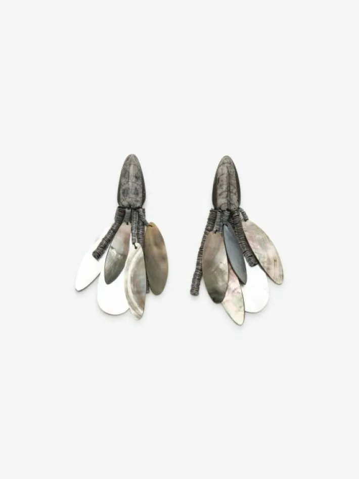 Monies Earring: mother of pearl, shell, orthoceratite