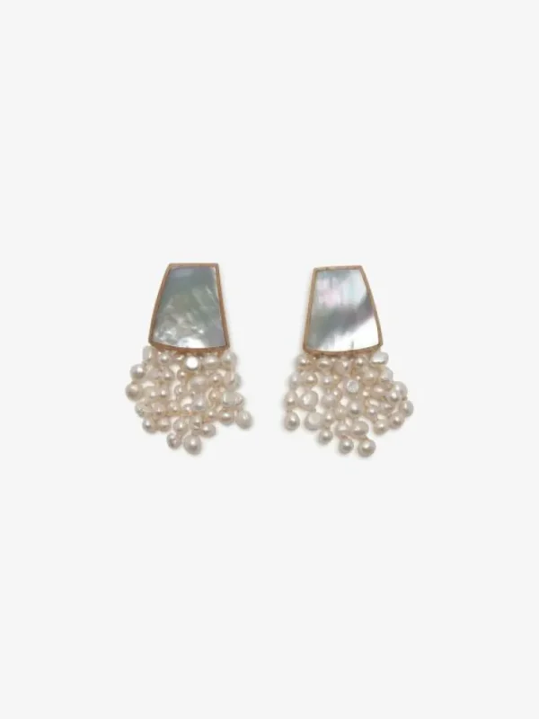 Monies Earring: oak, mother of pearl, freshwater pearl