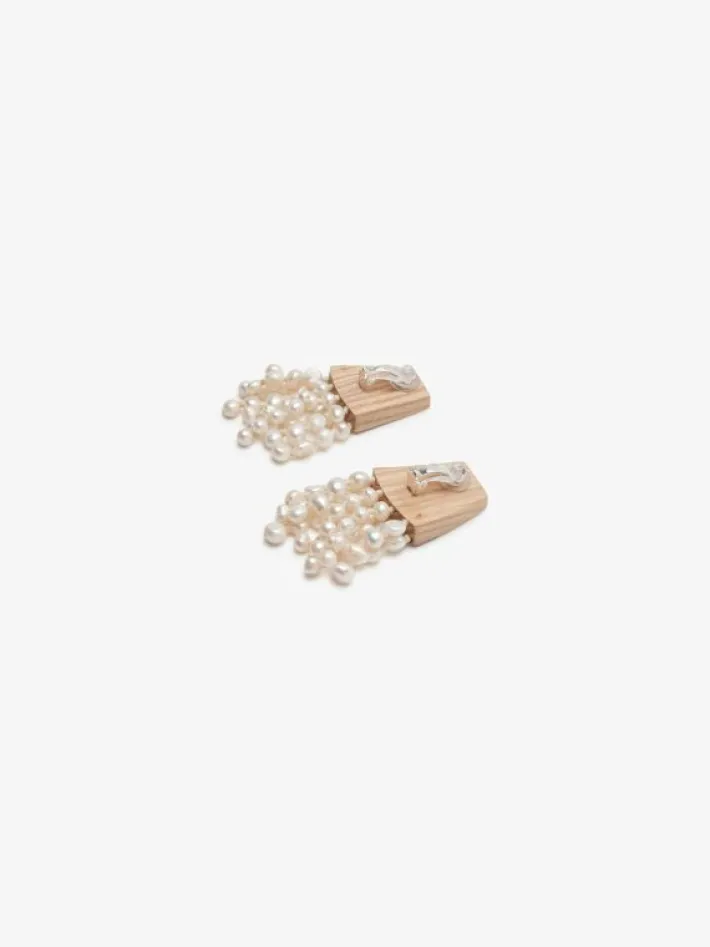 Monies Earring: oak, mother of pearl, freshwater pearl