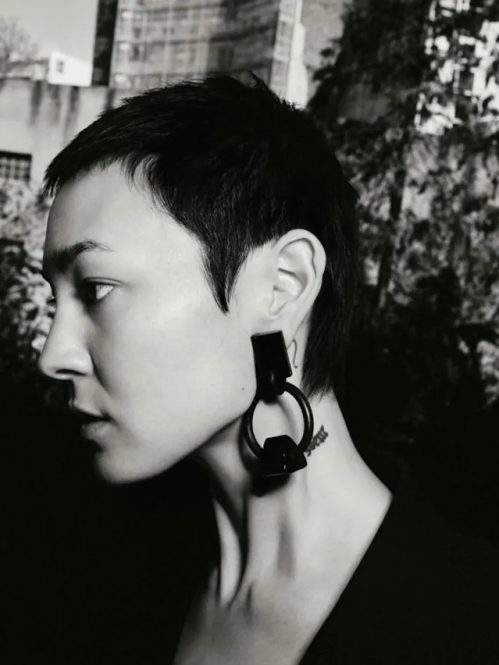 Monies Mint earclips: black tourmaline, leather