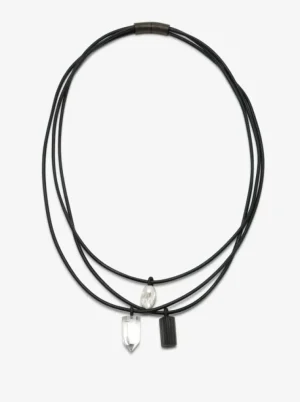Monies Mint necklace: leather, bog oak, baroque pearl, tourmaline, mountain c