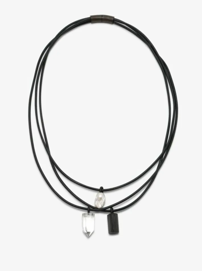 Monies Mint necklace: leather, bog oak, baroque pearl, tourmaline, mountain c