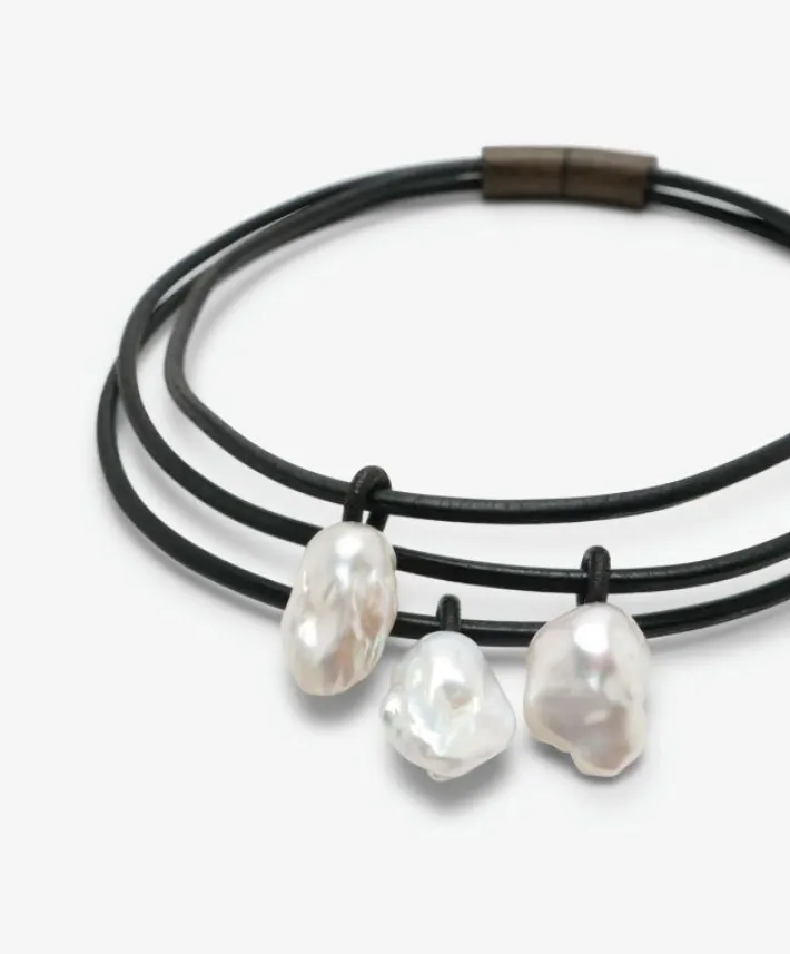 Monies Mint necklace: leather, bog oak, baroque pearl