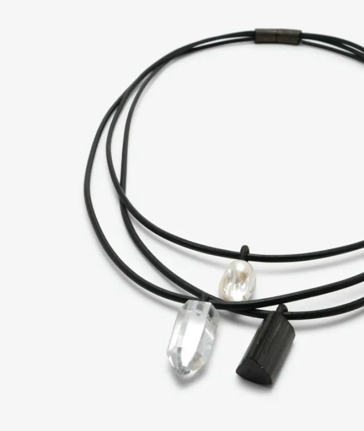 Monies Mint necklace: leather, bog oak, baroque pearl, tourmaline, mountain c