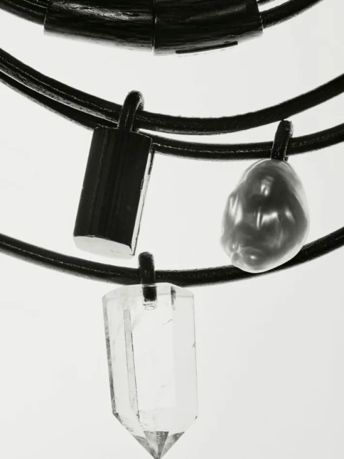 Monies Mint necklace: leather, bog oak, baroque pearl, tourmaline, mountain c