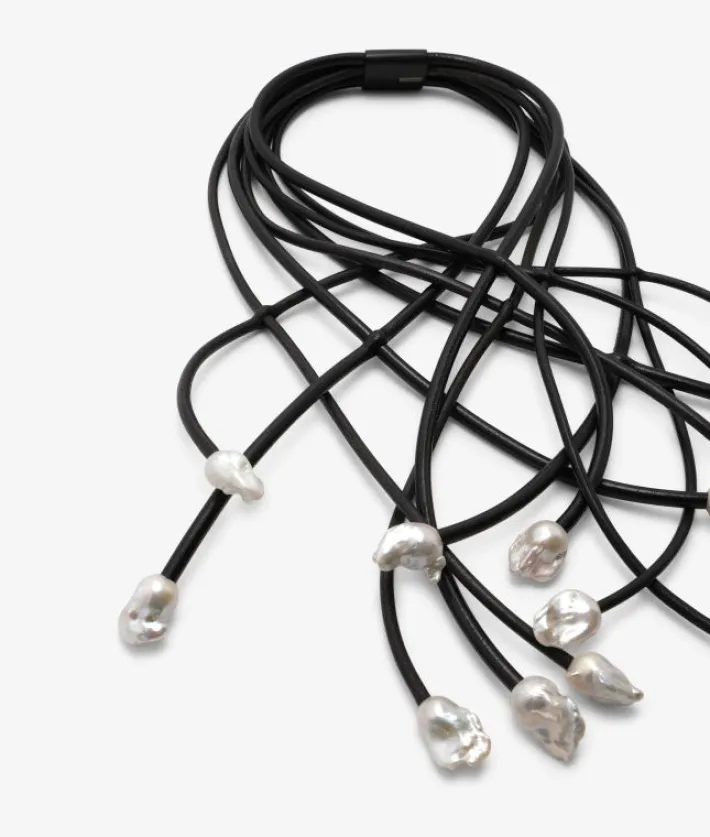 Monies Necklace: baroque pearls, ebony, leather