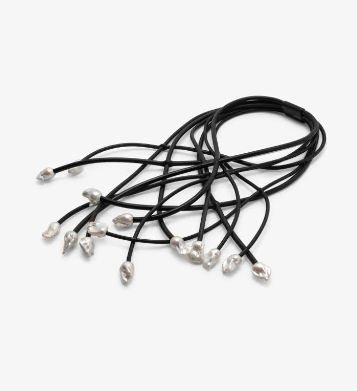 Monies Necklace: baroque pearls, ebony, leather
