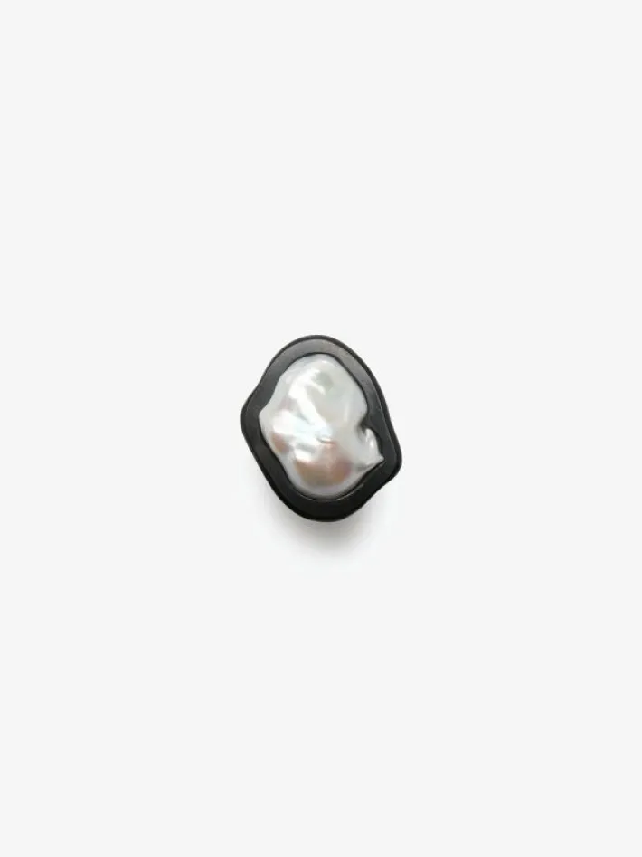 Monies Ring: baroque pearl, ebony, leather