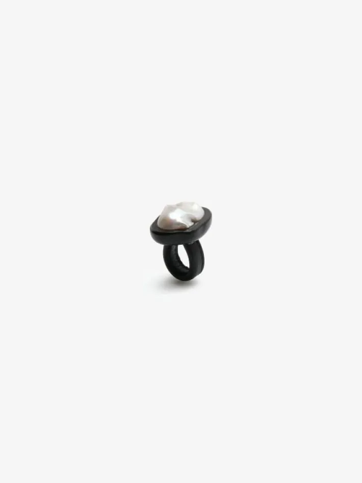 Monies Ring: baroque pearl, ebony, leather