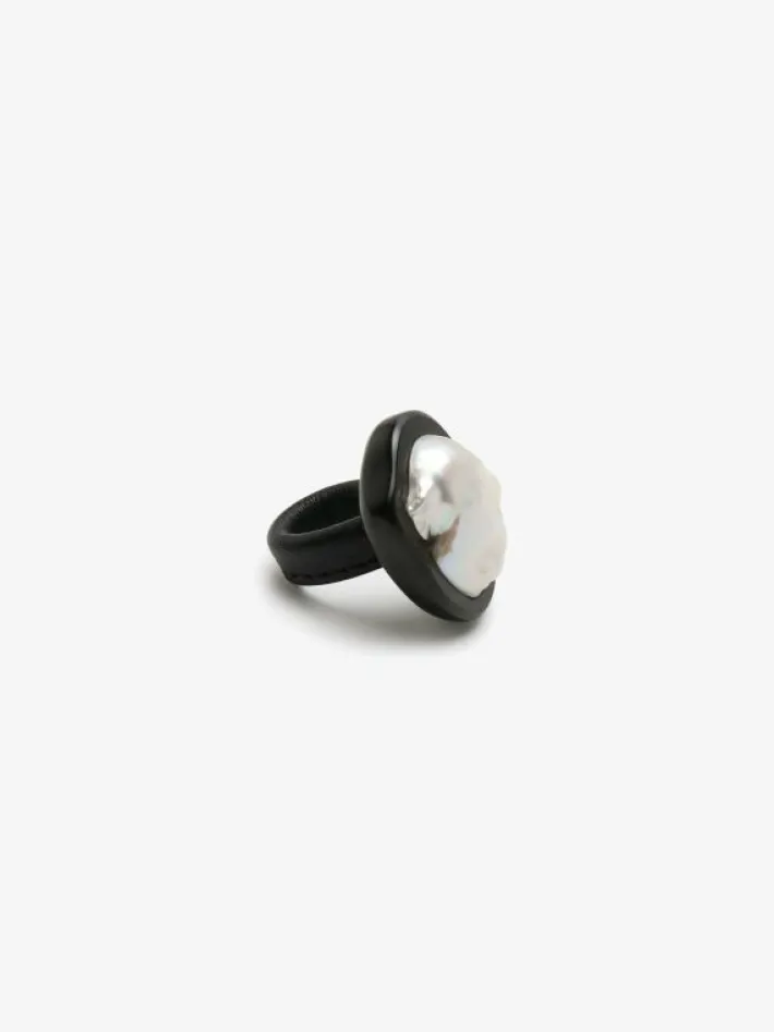 Monies Ring: baroque pearl, ebony, leather